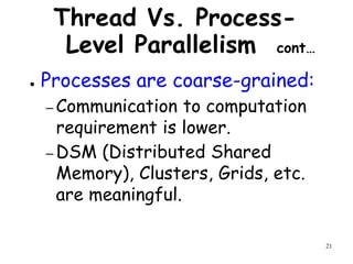 21
Thread Vs. Process-
Level Parallelism cont…
● Processes are coarse-grained:
– Communication to computation
requirement is lower.
– DSM (Distributed Shared
Memory), Clusters, Grids, etc.
are meaningful.
 