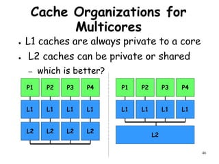 46
Cache Organizations for
Multicores
● L1 caches are always private to a core
● L2 caches can be private or shared
– which is better?
P4
P3
P2
P1
L1
L1
L1
L1
L2
L2
L2
L2
P4
P3
P2
P1
L1
L1
L1
L1
L2
 