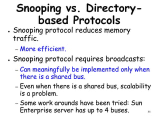 55
Snooping vs. Directory-
based Protocols
● Snooping protocol reduces memory
traffic.
– More efficient.
● Snooping protocol requires broadcasts:
– Can meaningfully be implemented only when
there is a shared bus.
– Even when there is a shared bus, scalability
is a problem.
– Some work arounds have been tried: Sun
Enterprise server has up to 4 buses.
 