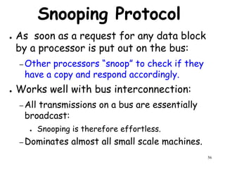 56
Snooping Protocol
● As soon as a request for any data block
by a processor is put out on the bus:
– Other processors “snoop” to check if they
have a copy and respond accordingly.
● Works well with bus interconnection:
– All transmissions on a bus are essentially
broadcast:
● Snooping is therefore effortless.
– Dominates almost all small scale machines.
 