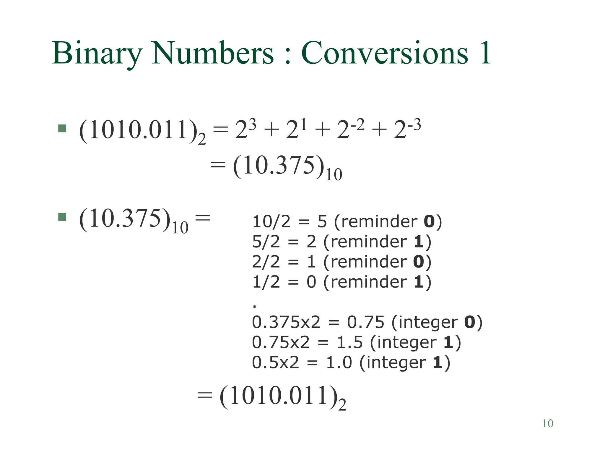 10
Binary Numbers : Conversions 1
 (1010.011)2 = 23 + 21 + 2-2 + 2-3
= (10.375)10
 (10.375)10 =
= (1010.011)2
10/2 = 5 (reminder 0)
5/2 = 2 (reminder 1)
2/2 = 1 (reminder 0)
1/2 = 0 (reminder 1)
.
0.375x2 = 0.75 (integer 0)
0.75x2 = 1.5 (integer 1)
0.5x2 = 1.0 (integer 1)
 
