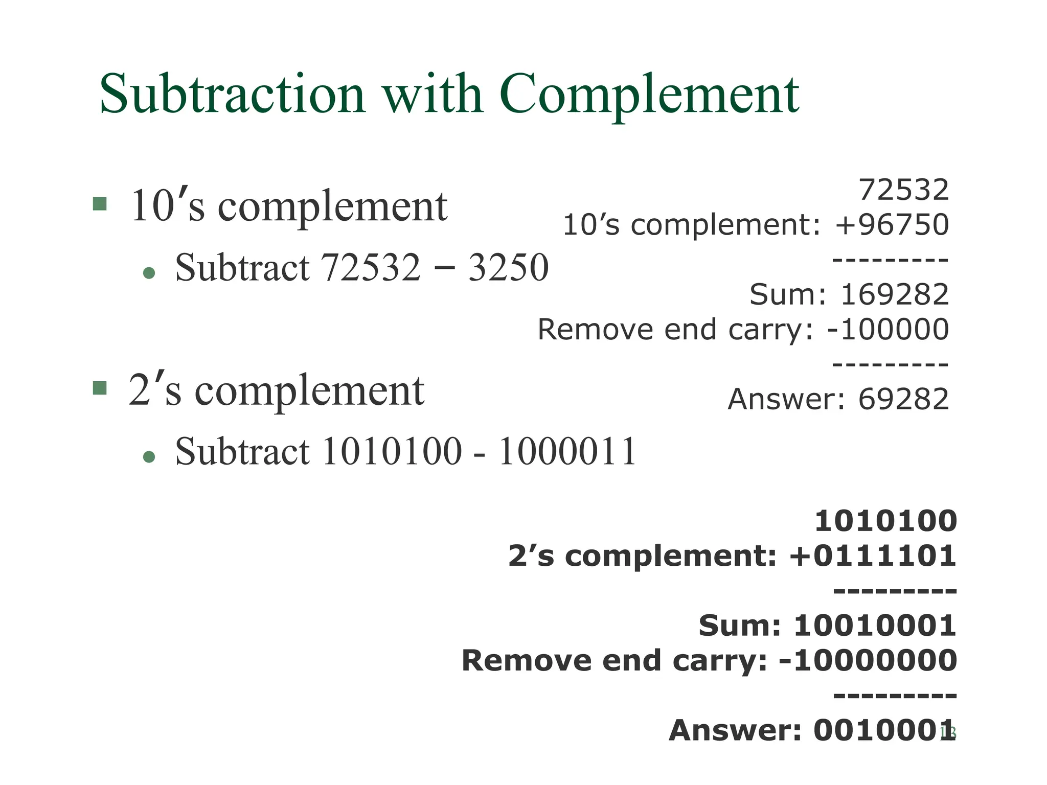 13
Subtraction with Complement
 10’s complement
 Subtract 72532 – 3250
 2’s complement
 Subtract 1010100 - 1000011
72532
10’s complement: +96750
---------
Sum: 169282
Remove end carry: -100000
---------
Answer: 69282
1010100
2’s complement: +0111101
---------
Sum: 10010001
Remove end carry: -10000000
---------
Answer: 0010001
 