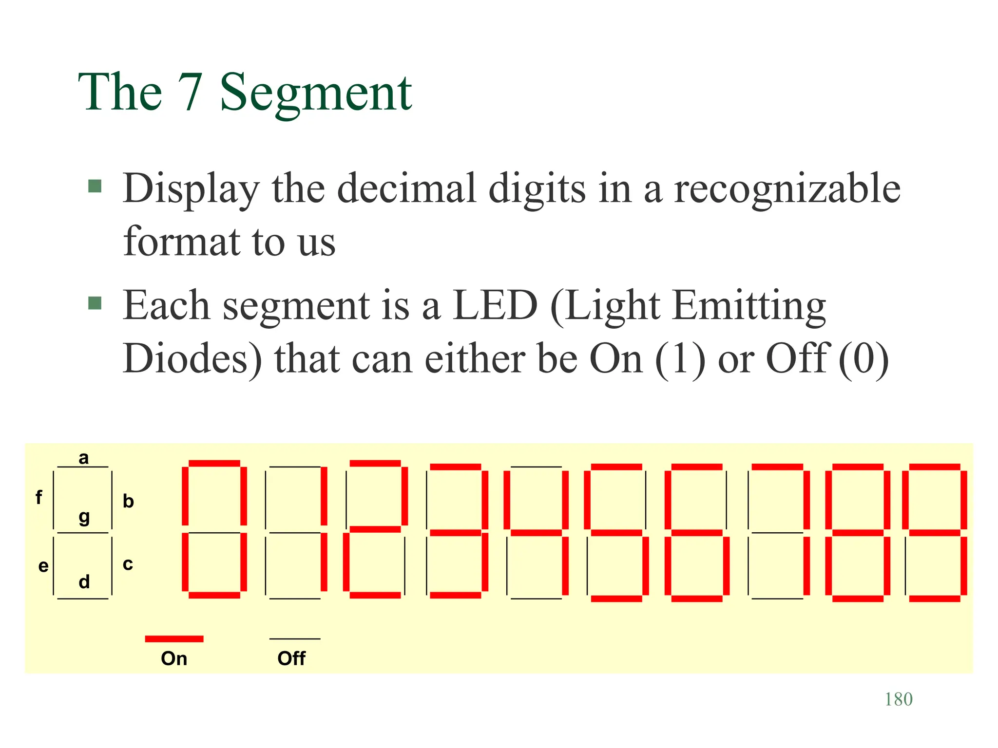 180
The 7 Segment
 Display the decimal digits in a recognizable
format to us
 Each segment is a LED (Light Emitting
Diodes) that can either be On (1) or Off (0)
a
b
c
d
g
f
e
On Off
 