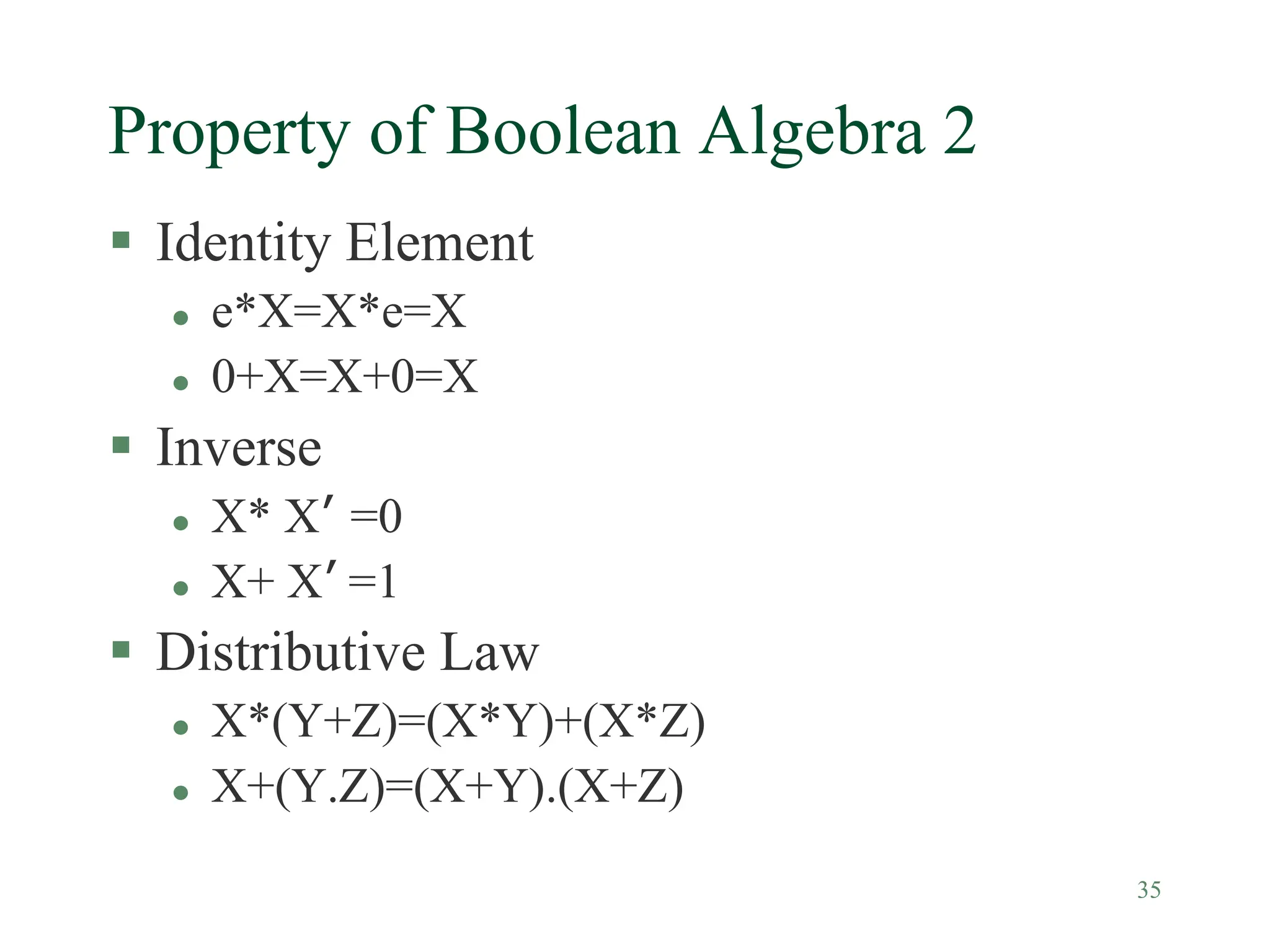 35
Property of Boolean Algebra 2
 Identity Element
 e*X=X*e=X
 0+X=X+0=X
 Inverse
 X* X’ =0
 X+ X’ =1
 Distributive Law
 X*(Y+Z)=(X*Y)+(X*Z)
 X+(Y.Z)=(X+Y).(X+Z)
 