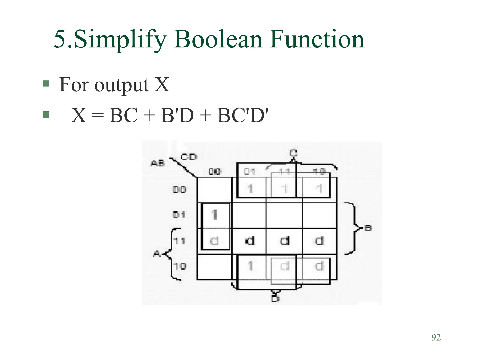 92
 For output X
 X = BC + B'D + BC'D'
5.Simplify Boolean Function
 