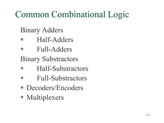 102
Common Combinational Logic
Binary Adders
 Half-Adders
 Full-Adders
Binary Substractors
 Half-Substractors
 Full-Substractors
 Decoders/Encoders
 Multiplexers
 