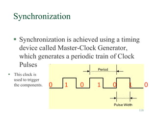 118
Synchronization
 Synchronization is achieved using a timing
device called Master-Clock Generator,
which generates a periodic train of Clock
Pulses
Pulse Width
Period
0 1 0 1 0 1 0
 This clock is
used to trigger
the components.
 