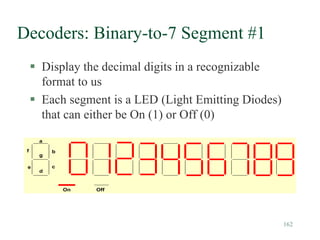 162
Decoders: Binary-to-7 Segment #1
 Display the decimal digits in a recognizable
format to us
 Each segment is a LED (Light Emitting Diodes)
that can either be On (1) or Off (0)
a
b
c
d
g
f
e
On Off
 