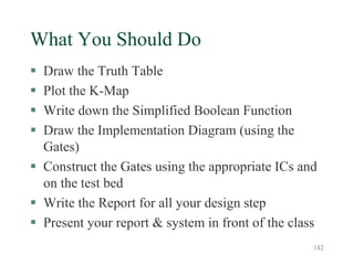 182
What You Should Do
 Draw the Truth Table
 Plot the K-Map
 Write down the Simplified Boolean Function
 Draw the Implementation Diagram (using the
Gates)
 Construct the Gates using the appropriate ICs and
on the test bed
 Write the Report for all your design step
 Present your report & system in front of the class
 