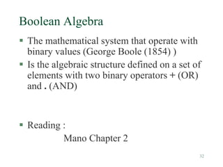 32
Boolean Algebra
 The mathematical system that operate with
binary values (George Boole (1854) )
 Is the algebraic structure defined on a set of
elements with two binary operators + (OR)
and . (AND)
 Reading :
Mano Chapter 2
 