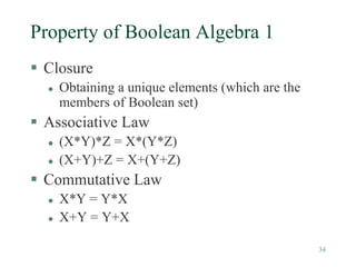 34
Property of Boolean Algebra 1
 Closure
 Obtaining a unique elements (which are the
members of Boolean set)
 Associative Law
 (X*Y)*Z = X*(Y*Z)
 (X+Y)+Z = X+(Y+Z)
 Commutative Law
 X*Y = Y*X
 X+Y = Y+X
 