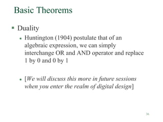 36
Basic Theorems
 Duality
 Huntington (1904) postulate that of an
algebraic expression, we can simply
interchange OR and AND operator and replace
1 by 0 and 0 by 1
 [We will discuss this more in future sessions
when you enter the realm of digital design]
 