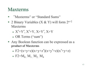 43
Maxterms
 “Maxterms” or “Standard Sums”
 2 Binary Variables (X & Y) will form 2n=2
Maxterms
 X’+Y’, X’+Y, X+Y’, X+Y
 OR Terms (“sum”)
 Any Boolean function can be expressed as a
product of Maxterms
 F2=(x+y+z)(x+y+z’)(x+y’+z)(x’+y+z)
 F2=M0 . M1 . M2 . M4
 