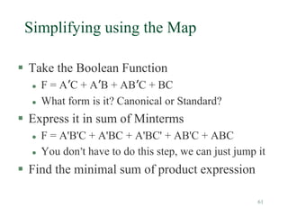 61
Simplifying using the Map
 Take the Boolean Function
 F = A’C + A’B + AB’C + BC
 What form is it? Canonical or Standard?
 Express it in sum of Minterms
 F = A'B'C + A'BC + A'BC' + AB'C + ABC
 You don’t have to do this step, we can just jump it
 Find the minimal sum of product expression
 