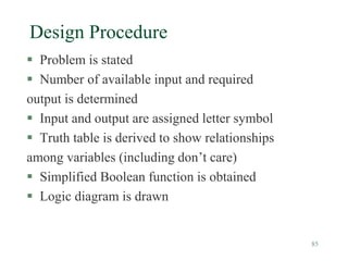 85
Design Procedure
 Problem is stated
 Number of available input and required
output is determined
 Input and output are assigned letter symbol
 Truth table is derived to show relationships
among variables (including don’t care)
 Simplified Boolean function is obtained
 Logic diagram is drawn
 