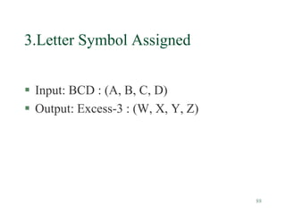 88
3.Letter Symbol Assigned
 Input: BCD : (A, B, C, D)
 Output: Excess-3 : (W, X, Y, Z)
 
