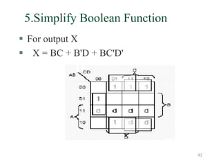 92
 For output X
 X = BC + B'D + BC'D'
5.Simplify Boolean Function
 