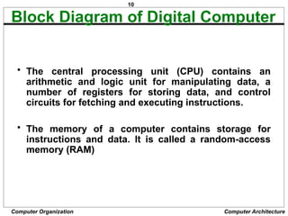 10
Computer Organization Computer Architecture
Block Diagram of Digital Computer
• The central processing unit (CPU) contains an
arithmetic and logic unit for manipulating data, a
number of registers for storing data, and control
circuits for fetching and executing instructions.
• The memory of a computer contains storage for
instructions and data. It is called a random-access
memory (RAM)
 