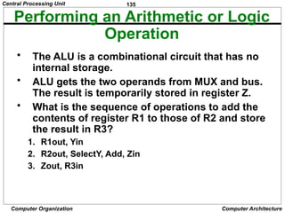 135
Computer Organization Computer Architecture
Performing an Arithmetic or Logic
Operation
• The ALU is a combinational circuit that has no
internal storage.
• ALU gets the two operands from MUX and bus.
The result is temporarily stored in register Z.
• What is the sequence of operations to add the
contents of register R1 to those of R2 and store
the result in R3?
1. R1out, Yin
2. R2out, SelectY, Add, Zin
3. Zout, R3in
Central Processing Unit
 