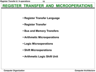 15
Computer Organization Computer Architecture
REGISTER TRANSFER AND MICROOPERATIONS
• Register Transfer Language
• Register Transfer
• Bus and Memory Transfers
• Arithmetic Microoperations
• Logic Microoperations
• Shift Microoperations
• Arithmetic Logic Shift Unit
Register Transfer & -operations
 