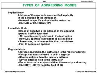181
Computer Organization Computer Architecture
TYPES OF ADDRESSING MODES
Implied Mode
Address of the operands are specified implicitly
in the definition of the instruction
- No need to specify address in the instruction
- EA = AC, or EA = Stack[SP]
Immediate Mode
Instead of specifying the address of the operand,
operand itself is specified
- No need to specify address in the instruction
- However, operand itself needs to be specified
- Sometimes, require more bits than the address
- Fast to acquire an operand
Register Mode
Address specified in the instruction is the register address
- Designated operand need to be in a register
- Shorter address than the memory address
- Saving address field in the instruction
- Faster to acquire an operand than the memory addressing
- EA = IR(R) (IR(R): Register field of IR)
Addressing Modes
 
