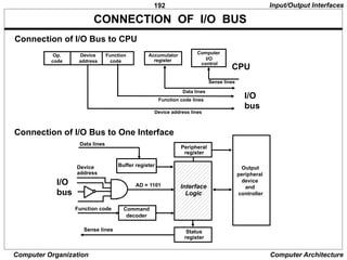 192
Computer Organization Computer Architecture
CONNECTION OF I/O BUS
Connection of I/O Bus to One Interface
Connection of I/O Bus to CPU
Input/Output Interfaces
I/O
bus
Op.
code
Device
address
Function
code
Accumulator
register
Computer
I/O
control
Sense lines
Data lines
Function code lines
Device address lines
CPU
I/O
bus
Device
address
Command
decoder
Function code
Data lines
Buffer register
Peripheral
register
Status
register
Sense lines
Output
peripheral
device
and
controller
AD = 1101 Interface
Logic
 