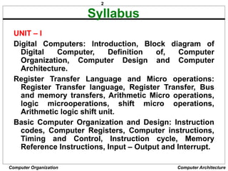 2
Computer Organization Computer Architecture
Syllabus
UNIT – I
Digital Computers: Introduction, Block diagram of
Digital Computer, Definition of, Computer
Organization, Computer Design and Computer
Architecture.
Register Transfer Language and Micro operations:
Register Transfer language, Register Transfer, Bus
and memory transfers, Arithmetic Micro operations,
logic microoperations, shift micro operations,
Arithmetic logic shift unit.
Basic Computer Organization and Design: Instruction
codes, Computer Registers, Computer instructions,
Timing and Control, Instruction cycle, Memory
Reference Instructions, Input – Output and Interrupt.
 