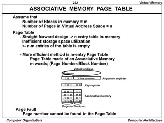 222
Computer Organization Computer Architecture
ASSOCIATIVE MEMORY PAGE TABLE
Assume that
Number of Blocks in memory = m
Number of Pages in Virtual Address Space = n
Page Table
- Straight forward design -> n entry table in memory
Inefficient storage space utilization
<- n-m entries of the table is empty
- More efficient method is m-entry Page Table
Page Table made of an Associative Memory
m words; (Page Number:Block Number)
1 0 1 Line number
Page no.
Argument register
1 0 1 0 0
0 0 1 1 1
0 1 0 0 0
1 0 1 0 1
1 1 0 1 0
Key register
Associative memory
Page no.Block no.
Virtual address
Page Fault
Page number cannot be found in the Page Table
Virtual Memory
 