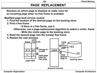 224
Computer Organization Computer Architecture
PAGE REPLACEMENT
Modified page fault service routine
Decision on which page to displace to make room for
an incoming page when no free frame is available
1. Find the location of the desired page on the backing store
2. Find a free frame
- If there is a free frame, use it
- Otherwise, use a page-replacement algorithm to select a victim frame
- Write the victim page to the backing store
3. Read the desired page into the (newly) free frame
4. Restart the user process
2
f 0 v i
f v
frame
valid/
invalid bit
page table
change to
invalid
4
reset page
table for
new page
victim
1
swap
out
victim
page
3
swap
desired
page in
backing store
physical memory
Virtual Memory
 