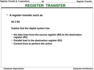 24
Computer Organization Computer Architecture
REGISTER TRANSFER
Register Transfer
• A register transfer such as
R3  R5
Implies that the digital system has
– the data lines from the source register (R5) to the destination
register (R3)
– Parallel load in the destination register (R3)
– Control lines to perform the action
Register Transfer & -operations
 