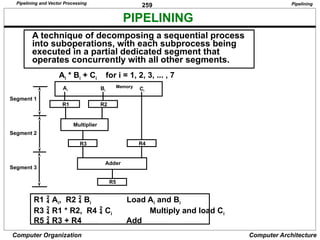 259
Computer Organization Computer Architecture
PIPELINING
R1  Ai, R2  Bi Load Ai and Bi
R3  R1 * R2, R4  Ci Multiply and load Ci
R5  R3 + R4 Add
A technique of decomposing a sequential process
into suboperations, with each subprocess being
executed in a partial dedicated segment that
operates concurrently with all other segments.
Ai * Bi + Ci for i = 1, 2, 3, ... , 7
Ai
R1 R2
Multiplier
R3 R4
Adder
R5
Memory
Pipelining
Bi Ci
Segment 1
Segment 2
Segment 3
Pipelining and Vector Processing
 