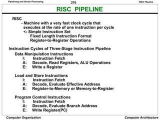 276
Computer Organization Computer Architecture
RISC PIPELINE
Instruction Cycles of Three-Stage Instruction Pipeline
RISC Pipeline
RISC
- Machine with a very fast clock cycle that
executes at the rate of one instruction per cycle
<- Simple Instruction Set
Fixed Length Instruction Format
Register-to-Register Operations
Data Manipulation Instructions
I: Instruction Fetch
A: Decode, Read Registers, ALU Operations
E: Write a Register
Load and Store Instructions
I: Instruction Fetch
A: Decode, Evaluate Effective Address
E: Register-to-Memory or Memory-to-Register
Program Control Instructions
I: Instruction Fetch
A: Decode, Evaluate Branch Address
E: Write Register(PC)
Pipelining and Vector Processing
 