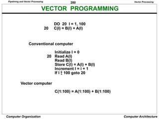 280
Computer Organization Computer Architecture
VECTOR PROGRAMMING
DO 20 I = 1, 100
20 C(I) = B(I) + A(I)
Conventional computer
Initialize I = 0
20 Read A(I)
Read B(I)
Store C(I) = A(I) + B(I)
Increment I = i + 1
If I  100 goto 20
Vector computer
C(1:100) = A(1:100) + B(1:100)
Vector Processing
Pipelining and Vector Processing
 