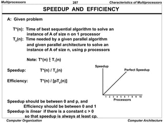 287
Computer Organization Computer Architecture
SPEEDUP AND EFFICIENCY
A: Given problem
T*(n): Time of best sequential algorithm to solve an
instance of A of size n on 1 processor
Tp(n): Time needed by a given parallel algorithm
and given parallel architecture to solve an
instance of A of size n, using p processors
Note: T*(n)  T1(n)
Speedup: T*(n) / Tp(n)
Efficiency: T*(n) / [pTp(n)]
Speedup should be between 0 and p, and
Efficiency should be between 0 and 1
Speedup is linear if there is a constant c > 0
so that speedup is always at least cp.
1 2 3 4 5 6 7 8 9 10
Processors
Speedup
Perfect Speedup
Characteristics of Multiprocessors
Multiprocessors
 