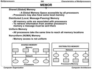 292
Computer Organization Computer Architecture
MEMOR
Y
Network
Processors
Memory
SHARED MEMORY
Network
Processors/Memory
DISTRIBUTED MEMORY
Shared (Global) Memory
- A Global Memory Space accessible by all processors
- Processors may also have some local memory
Distributed (Local, Message-Passing) Memory
- All memory units are associated with processors
- To retrieve information from another processor's
memory a message must be sent there
Uniform Memory
- All processors take the same time to reach all memory locations
Nonuniform (NUMA) Memory
- Memory access is not uniform
Characteristics of Multiprocessors
Multiprocessors
 