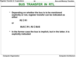 32
Computer Organization Computer Architecture
BUS TRANSFER IN RTL
Bus and Memory Transfers
• Depending on whether the bus is to be mentioned
explicitly or not, register transfer can be indicated as
either
or
• In the former case the bus is implicit, but in the latter, it is
explicitly indicated
R2 R1
BUS R1, R2  BUS
Register Transfer & -operations
 