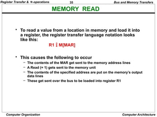 35
Computer Organization Computer Architecture
MEMORY READ
Bus and Memory Transfers
• To read a value from a location in memory and load it into
a register, the register transfer language notation looks
like this:
• This causes the following to occur
– The contents of the MAR get sent to the memory address lines
– A Read (= 1) gets sent to the memory unit
– The contents of the specified address are put on the memory’s output
data lines
– These get sent over the bus to be loaded into register R1
R1  M[MAR]
Register Transfer & -operations
 