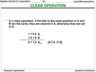 50
Computer Organization Computer Architecture
CLEAR OPERATION
Logic Microoperations
• In a clear operation, if the bits in the same position in A and
B are the same, they are cleared in A, otherwise they are set
in A
1 1 0 0 At
1 0 1 0 B
0 1 1 0 At+1 (A  A  B)
Register Transfer & -operations
 
