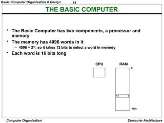 61
Computer Organization Computer Architecture
THE BASIC COMPUTER
• The Basic Computer has two components, a processor and
memory
• The memory has 4096 words in it
– 4096 = 212
, so it takes 12 bits to select a word in memory
• Each word is 16 bits long
CPU RAM
0
4095
0
15
Basic Computer Organization & Design
 