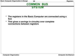 68
Computer Organization Computer Architecture
COMMON BUS
SYSTEM
Registers
• The registers in the Basic Computer are connected using a
bus
• This gives a savings in circuitry over complete
connections between registers
Basic Computer Organization & Design
 