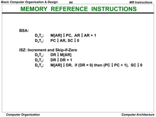 84
Computer Organization Computer Architecture
MEMORY REFERENCE INSTRUCTIONS
MR Instructions
BSA:
D5T4: M[AR]  PC, AR  AR + 1
D5T5: PC  AR, SC  0
ISZ: Increment and Skip-if-Zero
D6T4: DR  M[AR]
D6T5: DR  DR + 1
D6T4: M[AR]  DR, if (DR = 0) then (PC  PC + 1), SC  0
Basic Computer Organization & Design
 