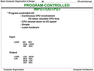 89
Computer Organization Computer Architecture
PROGRAM-CONTROLLED
INPUT/OUTPUT
• Program-controlled I/O
- Continuous CPU involvement
I/O takes valuable CPU time
- CPU slowed down to I/O speed
- Simple
- Least hardware
I/O and Interrupt
Input
LOOP, SKI DEV
BUN LOOP
INP DEV
Output
LOOP, LDA DATA
LOP, SKO DEV
BUN LOP
OUT DEV
Basic Computer Organization & Design
 