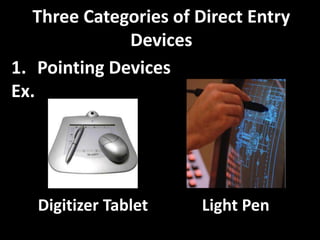 Three Categories of Direct Entry
Devices
1. Pointing Devices
Ex.
Digitizer Tablet Light Pen
 