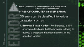 z
Module 4, Lesson 1: PLAN AND PREPARE FOR DIAGNOSIS OF
COMPUTER SYSTEMS ERRORS
TYPES OF COMPUTER SYSTEM ERROR
OS errors can be classified into various
categories, such as:
7. Browser Status Codes - For instance, a 404
error would indicate that the browser is trying to
access a webpage that does not exist in the
specified location.
11/21/2017
Prepared
by
LMCadapan
KNHS
2017
23
 