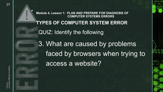 z
Module 4, Lesson 1: PLAN AND PREPARE FOR DIAGNOSIS OF
COMPUTER SYSTEMS ERRORS
TYPES OF COMPUTER SYSTEM ERROR
QUIZ: Identify the following
3. What are caused by problems
faced by browsers when trying to
access a website?
11/21/2017
Prepared
by
LMCadapan
KNHS
2017
27
 