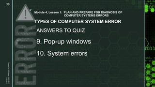z
Module 4, Lesson 1: PLAN AND PREPARE FOR DIAGNOSIS OF
COMPUTER SYSTEMS ERRORS
TYPES OF COMPUTER SYSTEM ERROR
ANSWERS TO QUIZ
9. Pop-up windows
10. System errors
11/21/2017
Prepared
by
LMCadapan
KNHS
2017
38
 
