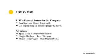 RISC Vs CISC
RISC – Reduced Instruction Set Computer
 Less Space and Shorter design cycle.
 Use of pipelining for immense processing power.
Advantages:
 Speed : Due to simplified instruction
 Simpler Hardware : Less Chip space
 Shorter Design Cycle : Short Machine Cycle.
Er. Sharad Kafle
 
