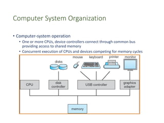 Computer System Organization
• Computer-system operation
• One or more CPUs, device controllers connect through common bus
providing access to shared memory
• Concurrent execution of CPUs and devices competing for memory cycles
 