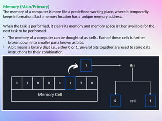 Memory (Main/Primary)
The memory of a computer is more like a predefined working place, where it temporarily
keeps information. Each memory location has a unique memory address.
When the task is performed, it clears its memory and memory space is then available for the
next task to be performed.
• The memory of a computer can be thought of as ‘cells’. Each of these cells is further
broken down into smaller parts known as bits.
• A bit means a binary digit i.e., either 0 or 1. Several bits together are used to store data
instructions by their combination.
 