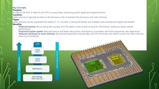 CACHE MEMORY
Key Concepts:
•Purpose:
To reduce the time, it takes for the CPU to access data, improving system speed and responsiveness.
•Location:
Cache memory is typically located on the processor chip or between the processor and main memory.
•Types:
Cache memory can be organized into levels (L1, L2, L3), with L1 being the fastest and smallest, and L3 being the largest and slowest.
•Benefits:
•Reduced latency: By accessing data quickly, the CPU doesn't have to wait as long for information, leading to faster overall
performance.
•Improved system speed: Reduced latency and faster data access contribute to a smoother and more responsive user experience.
•Reduced workload on main memory: By caching frequently accessed data, the CPU minimizes the need to access the main memory,
reducing its workload.
 